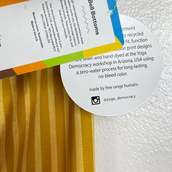 Yoga Democracy Womens Large Bell Bottoms Yoga Pants Yellow Polka Dot Striped NWT - Picture 11 of 12